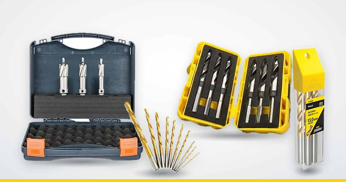 Annular cutter kit, reduced shank drill bit set, gold HSS twist drill bits and Alpha Gold Series 13 mm drill bit 5-pack for drilling structural steel