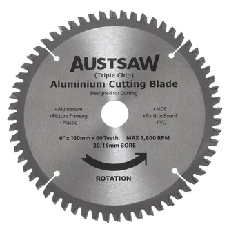 Austsaw - 160mm (6 1/4in) Aluminium Blade Triple Chip - 20/16mm Bore - 60 Teeth