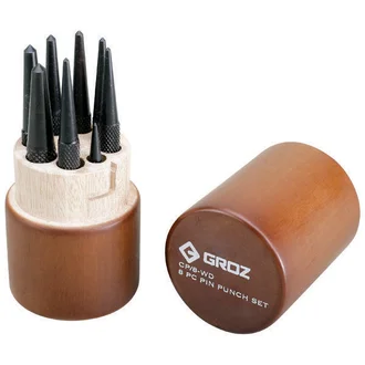 CP/8/WD/ST GROZ CENTRE PUNCH SET, IN ROUND WOODEN CASE, 8 PCE