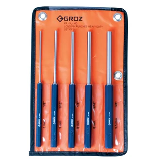 PP/HD/5L/ST GROZ EXTRA LONG H.D. PIN PUNCH SET, HEX SHANK, 200MM OAL, 5 PCE