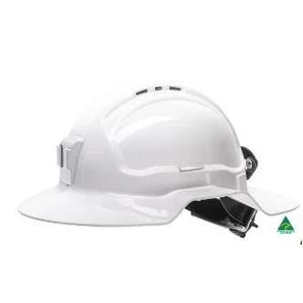 White Broadbrim hard hat with plastic miners bracket / rear lead strap - Made in Australia