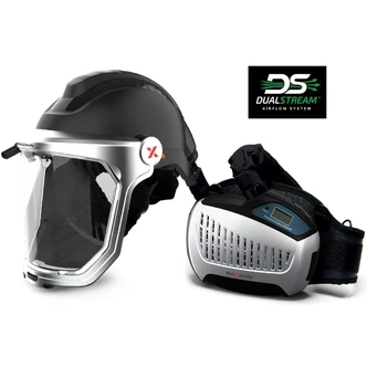 Defender Air PAPR Kit - including Hard Hat with High-impact Visor, PAPR unit with P3 filters, prefilters, spark arrester, battery, charger and flow in