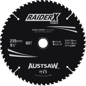Austsaw RaiderX Timber Blade 235mm x 25 Bore x 60 T Thin Kerf
