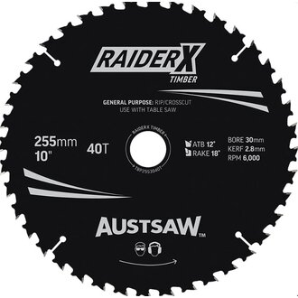 Austsaw RaiderX Timber Blade 255mm x 30 Bore x 25.4mm Bush 40 T Thin Kerf