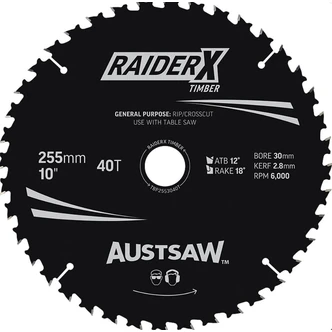 Austsaw RaiderX Timber Blade 255mm x 30 Bore x 25.4mm Bush 40 T Thin Kerf