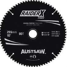 Austsaw RaiderX Timber Blade 255mm x 30 Bore x 25.4mm Bush 80 T Table Saw