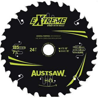 Austsaw Extreme: Wood with Nails Blade 185mm x 20 Bore x 24 T Bulk Pack (x20)