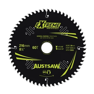 Austsaw Extreme: Wood with Nails Blade 216mm x 30/15.88 Bore x 60 T Thin Kerf