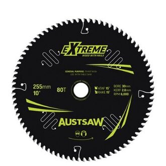 Austsaw Extreme: Wood with Nails Blade 255mm x 30 Bore x 80 T Table Saw