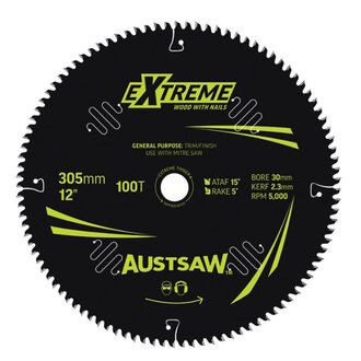 Austsaw Extreme: Wood with Nails Blade 305mm x 30 Bore x 100 T Thin Kerf