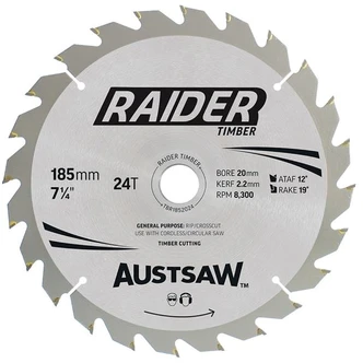 Austsaw Raider Timber Blade 185mm x 20/16 Bore x 24 T