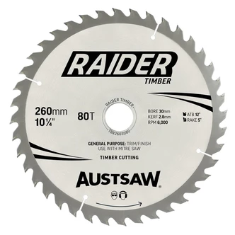 Austsaw Raider Timber Blade 260mm x 30 Bore x 80 T Thin Kerf