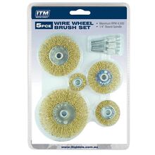 ITM CRIMP WIRE WHEEL BRUSH KIT 5PCE INCLUDES: 25MM 38MM 50MM 63MM AND 75MM + 3 ARBORS