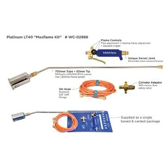 Torch LPG PLATINUM LT40 "Maxflame" Kit - 1000mm Torch With Bottle Adaptor & 3M Hose Weldclass