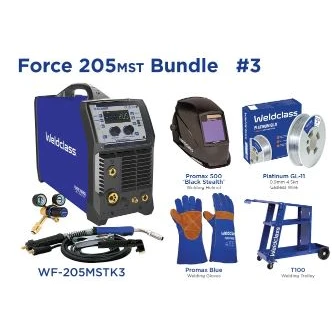 Welder MIG/Stick/TIG Weldclass FORCE 205MST Bundle with Gasless Wire, Helmet, Gloves, Trolley